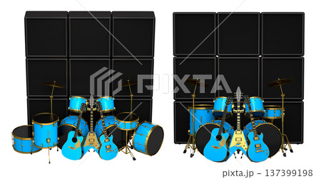 Set of realistic drums with metal cymbals or drumset and amplifier on white Set of realistic drums with metal cymbals or drumset and amplifier on white 137399198