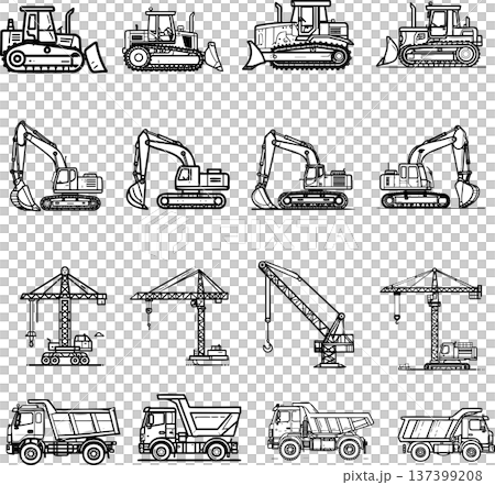 工程機械和車輛線條圖示集 137399208
