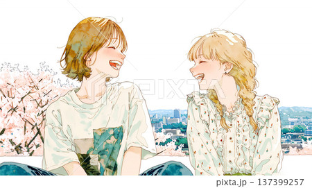 桜の前で笑い合う女性たち 桜の前で笑い合う女性たち 137399257