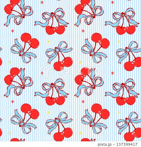 Coquette Blue Ribbon Bow and Red Cherries Seamless Pattern Whimsical Retro Vintage Stripes Hand Drawn 137399417