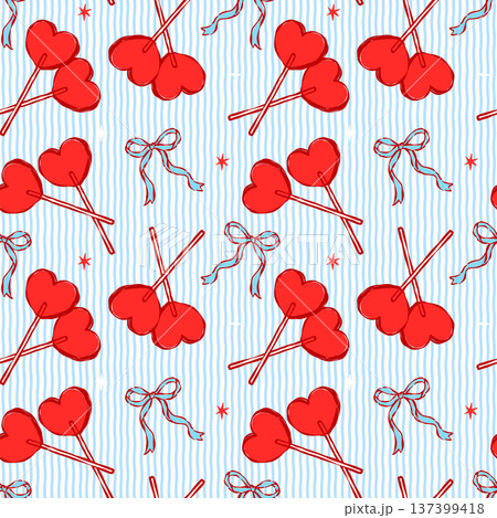 Coquette Blue Ribbon Bow and Red Heart Candies Seamless Pattern on Blue Stripes Whimsical Retro Vintage Hand Drawn Surface Design for Fabric and Wallpaper 137399418