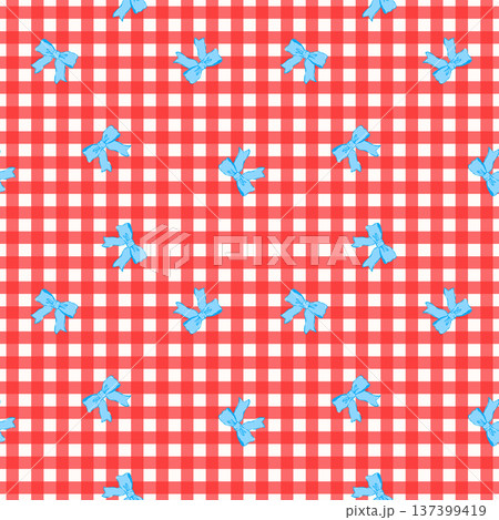 Coquette Blue Ribbon Bow on Red Gingham Pattern Hand Drawn Vintage Aesthetic Repeating Background for Textile and Gift Wrap 137399419