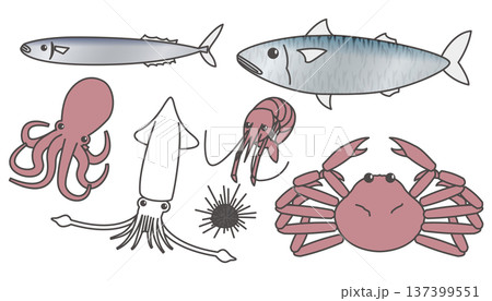 新鮮な魚介類のイラストセット(サンマ・サバ・イカ・タコ・エビ・カニ・ウニ 新鮮な魚介類のイラストセット(サンマ・サバ・イカ・タコ・エビ・カニ・ウニ 137399551