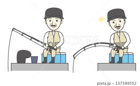 釣りを楽しむおじさんのイラストセット（フィッシング・趣味・魚が釣れた・ヒット） 137399552