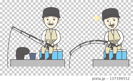 釣りを楽しむおじさんのイラストセット（フィッシング・趣味・魚が釣れた・ヒット） 137399552