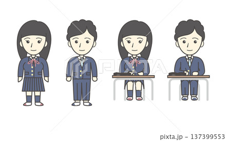 中学生の男女のイラストセット（制服・学生服・学校・教育・10代） 137399553