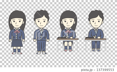 中学生の男女のイラストセット（制服・学生服・学校・教育・10代） 137399553