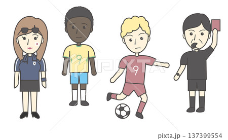 サッカーの登場人物イラストセット（選手・審判・サポーター・試合） 137399554