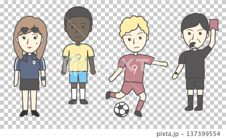 サッカーの登場人物イラストセット（選手・審判・サポーター・試合） 137399554