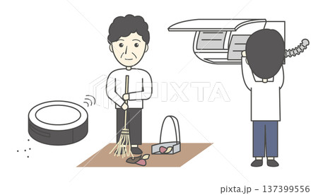 清掃のイラストセット（ロボット掃除機・掃き掃除・エアコンクリーニング・おじさん） 137399556