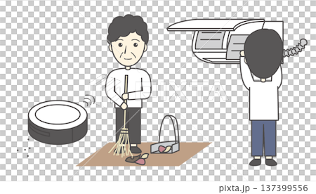清掃のイラストセット（ロボット掃除機・掃き掃除・エアコンクリーニング・おじさん） 137399556