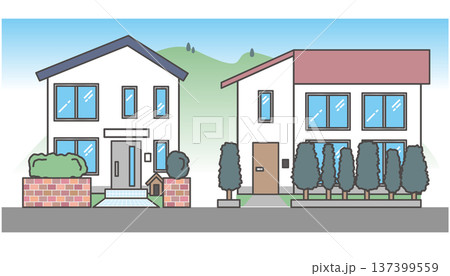 通りに面した現代的な住宅のイラストセット(家・2軒・街並み・不動産・マイホーム) 通りに面した現代的な住宅のイラストセット(家・2軒・街並み・不動産・マイホーム) 137399559