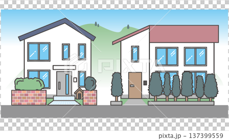 通りに面した現代的な住宅のイラストセット(家・2軒・街並み・不動産・マイホーム) 通りに面した現代的な住宅のイラストセット(家・2軒・街並み・不動産・マイホーム) 137399559