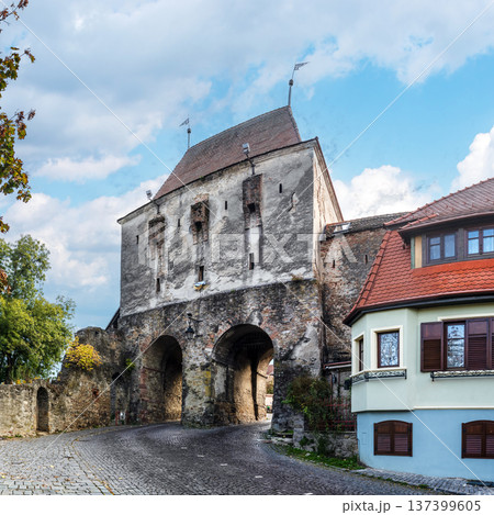 Clock Tower and Historic Gateway in Medieval Sighisoara Citadel Romania 137399605