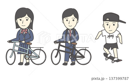 自転車を押す高校生とスケートボードに乗る男性のイラストセット（通学・趣味・若者） 137399787