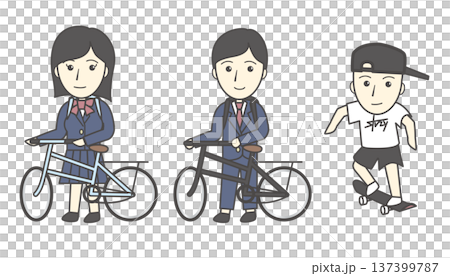 自転車を押す高校生とスケートボードに乗る男性のイラストセット（通学・趣味・若者） 137399787