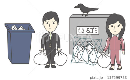ゴミ捨て場にゴミを出す人とゴミ箱のイラストセット（清掃・収集・マナー・分別 137399788