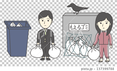 ゴミ捨て場にゴミを出す人とゴミ箱のイラストセット（清掃・収集・マナー・分別 137399788