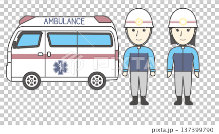 救護車和醫護人員男女插圖套裝（緊急車輛、醫療、救援、工作） 137399790