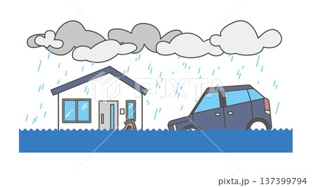 洪水で床下浸水した家と車のイラストセット（水害・豪雨・浸水被害・災害） 137399794