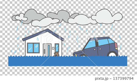 洪水で床下浸水した家と車のイラストセット（水害・豪雨・浸水被害・災害） 137399794