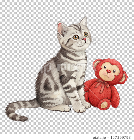 Adorable Cat Breeds Sitting Next to a Red Monkey Doll Watercolor  137399798