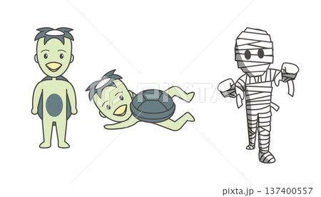 河童とミイラ男のイラストセット（カッパ・泳ぐ・立ち絵・ミイラ・モンスター） 137400557