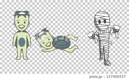 河童とミイラ男のイラストセット（カッパ・泳ぐ・立ち絵・ミイラ・モンスター） 137400557