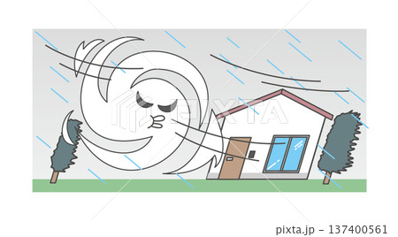 台風の暴風雨で傾く住宅のイラスト（自然災害・強風・倒壊・家屋被害・防災） 137400561