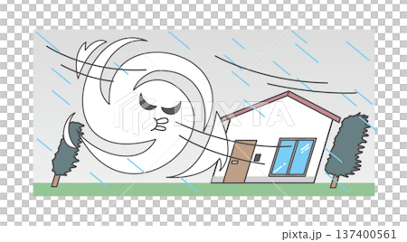 台風の暴風雨で傾く住宅のイラスト（自然災害・強風・倒壊・家屋被害・防災） 137400561
