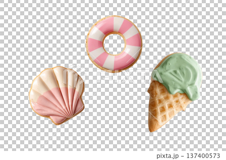 三個夏季主題餅乾模具圖案(地板圈、貝殼、冰淇淋),透明背景 三個夏季主題餅乾模具圖案(地板圈、貝殼、冰淇淋),透明背景 137400573