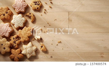 クッキーとカフェテーブルの俯瞰背景（焼き菓子・コピースペース） 137400574