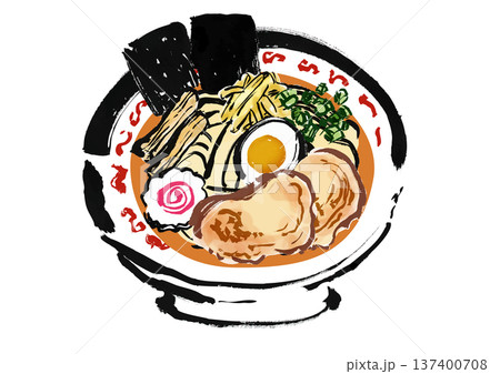 ラーメン（中華そば）の中身のセット　和風筆書きイラスト 137400708
