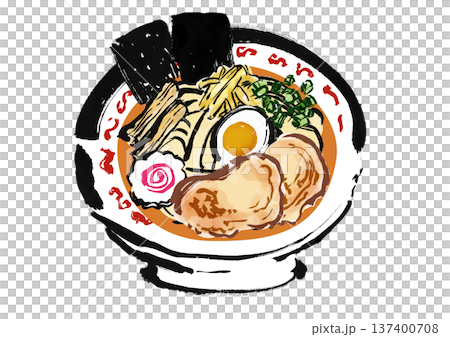 ラーメン（中華そば）の中身のセット　和風筆書きイラスト 137400708