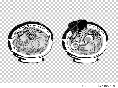 ラーメン（中華そば）とチャーシューメンの和風筆書きイラストセット 137400716