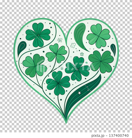 Elegant lucky heart emblem featuring stylized four-leaf clovers and small star bursts 137400740