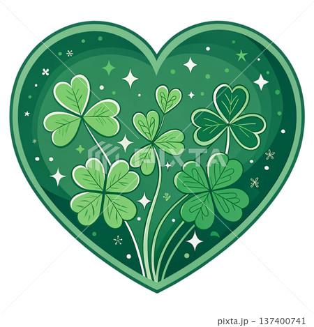Elegant lucky heart emblem featuring stylized four-leaf clovers and small star bursts 137400741