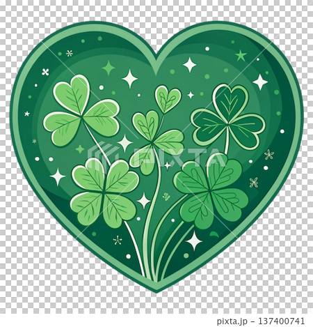 Elegant lucky heart emblem featuring stylized four-leaf clovers and small star bursts 137400741