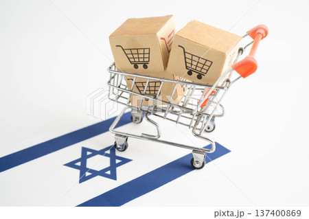Online shopping, Shopping cart box on Israel flag, import export, finance commerce. 137400869