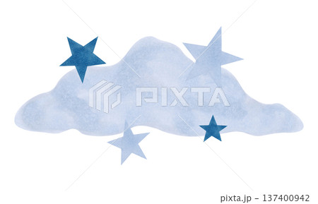 Blue fluffy cloud surrounded by stars. Watercolor illustration. Celestial composition of a nighttime atmosphere, a dream. Hand drawn isolated art. Children's cartoon sketch for a bedroom, bedding. 137400942