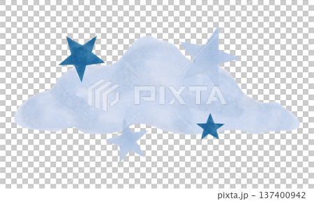 Blue fluffy cloud surrounded by stars. Watercolor illustration. Celestial composition of a nighttime atmosphere, a dream. Hand drawn isolated art. Children's cartoon sketch for a bedroom, bedding. 137400942
