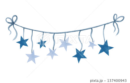 Garland with blue stars on a ribbon. Watercolor illustration. Clipart with elements of the cosmic sky. The magic of the night sky, astrology. Hand drawn isolated art. Nightlights for children's decor. 137400943