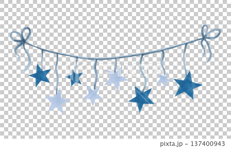 Garland with blue stars on a ribbon. Watercolor illustration. Clipart with elements of the cosmic sky. The magic of the night sky, astrology. Hand drawn isolated art. Nightlights for children's decor. 137400943