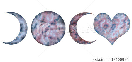 Clipart crescent moon, full moon, heart with cosmic texture. Watercolor illustration of the lunar phases. Hand drawn celestial element. Celestial element for astrology, tarot, mystical themes. Clipart crescent moon, full moon, heart with cosmic texture. Watercolor illustration of the lunar phases. Hand drawn celestial element. Celestial element for astrology, tarot, mystical themes. 137400954