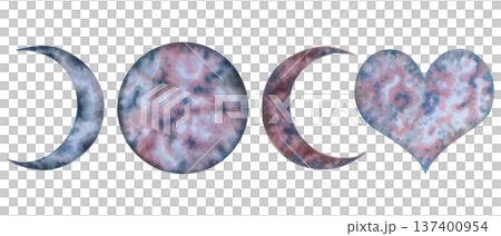 Clipart crescent moon, full moon, heart with cosmic texture. Watercolor illustration of the lunar phases. Hand drawn celestial element. Celestial element for astrology, tarot, mystical themes. Clipart crescent moon, full moon, heart with cosmic texture. Watercolor illustration of the lunar phases. Hand drawn celestial element. Celestial element for astrology, tarot, mystical themes. 137400954