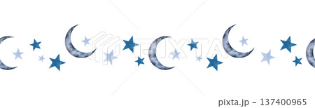 Seamless banner of a blue crescent moon, stars of varying sizes. Watercolor illustration. Border with a night sky atmosphere. Hand drawn isolated art. Children cartoon sketch for a bedroom, wallpaper. 137400965