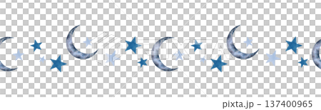 Seamless banner of a blue crescent moon, stars of varying sizes. Watercolor illustration. Border with a night sky atmosphere. Hand drawn isolated art. Children cartoon sketch for a bedroom, wallpaper. 137400965