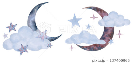 Crescent moon surrounded by soft cloud, star. Watercolor illustration. Celestial composition of a nighttime atmosphere, dream. Hand drawn isolated art. Children cartoon sketch for a bedroom, bedding 137400966