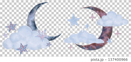 Crescent moon surrounded by soft cloud, star. Watercolor illustration. Celestial composition of a nighttime atmosphere, dream. Hand drawn isolated art. Children cartoon sketch for a bedroom, bedding 137400966