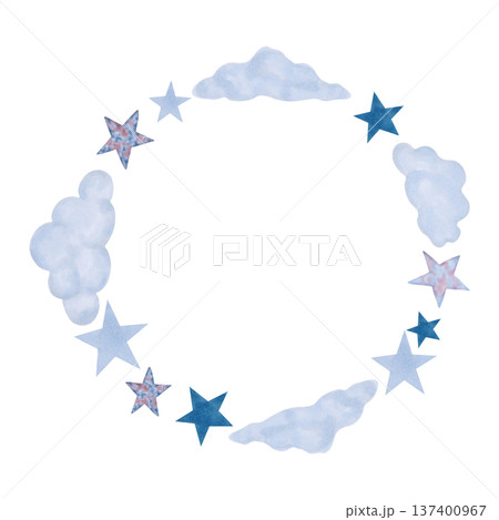 Round frame with celestial motifs stars and clouds. Watercolor illustration of cosmic and ethereal elements. Hand drawn isolated art. Childish cartoon background for invitations, packaging, decor. Round frame with celestial motifs stars and clouds. Watercolor illustration of cosmic and ethereal elements. Hand drawn isolated art. Childish cartoon background for invitations, packaging, decor. 137400967